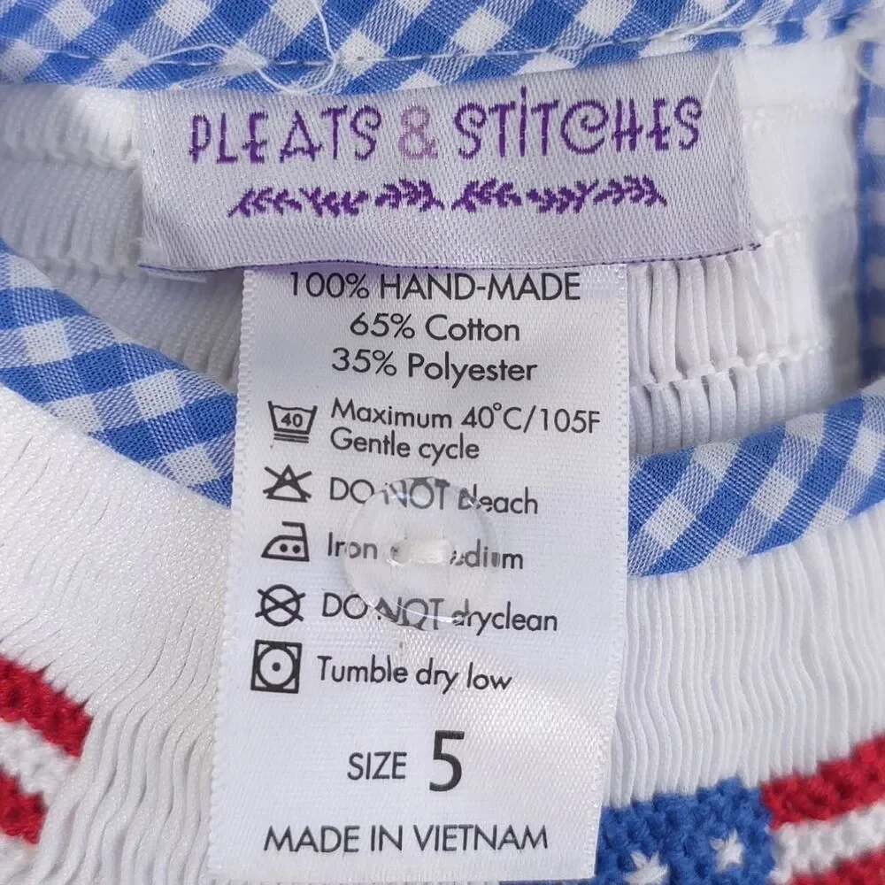PLEATS & STITCHES Kids Girls Smocked Dress 5 USA Flags‎ Check Blue 100% HANDMADE